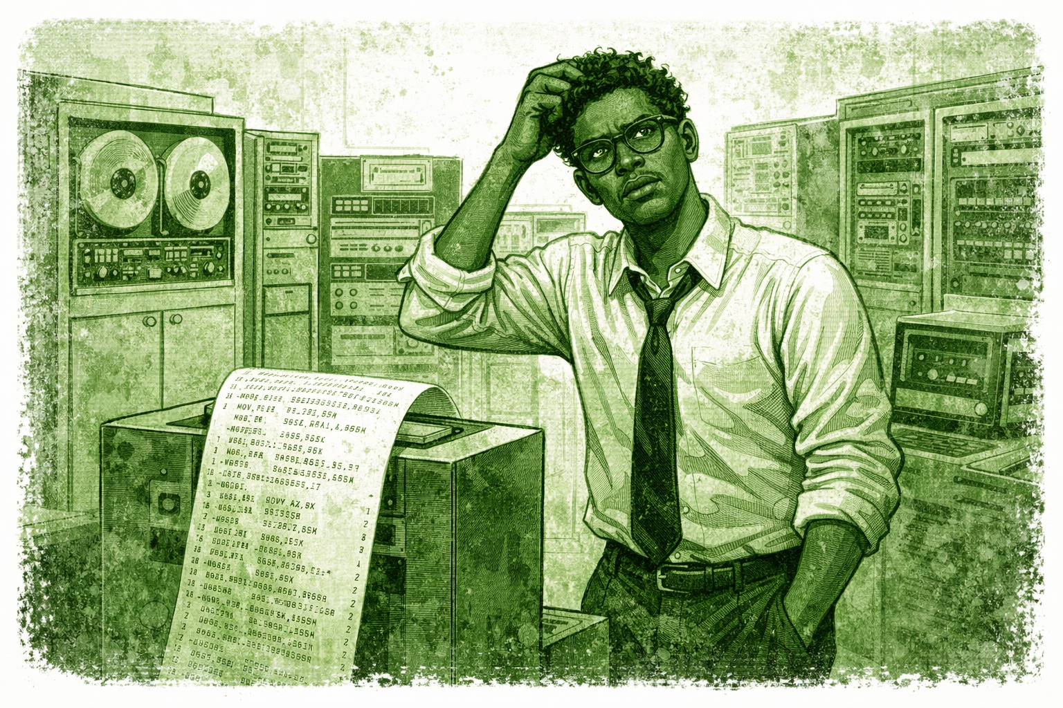 Un homme perplexe devant un ordinateur vintage